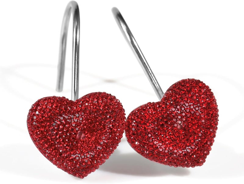 Popkozzi Valentines Day Shower Curtain Hooks: Red Heart Shower Curtain Hooks - Luxury Sparkly Crystal Rhinestone Decorative Stainless Steel Shower Rings Hangers for Christmas Holiday Women Girls Bathroom Décor - Image 1